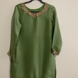 Sage green Organza dress with gold zari & pearls work on neck, sleeves & border